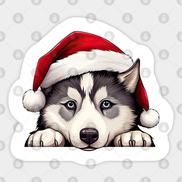 Christmas Peeking Siberian Husky Dog Sticker by Chromatic Fusion Studio